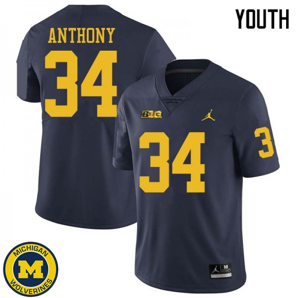 Youth Michigan Wolverines #34 Jordan Anthony Navy Jordan Brand Embroidery Jersey